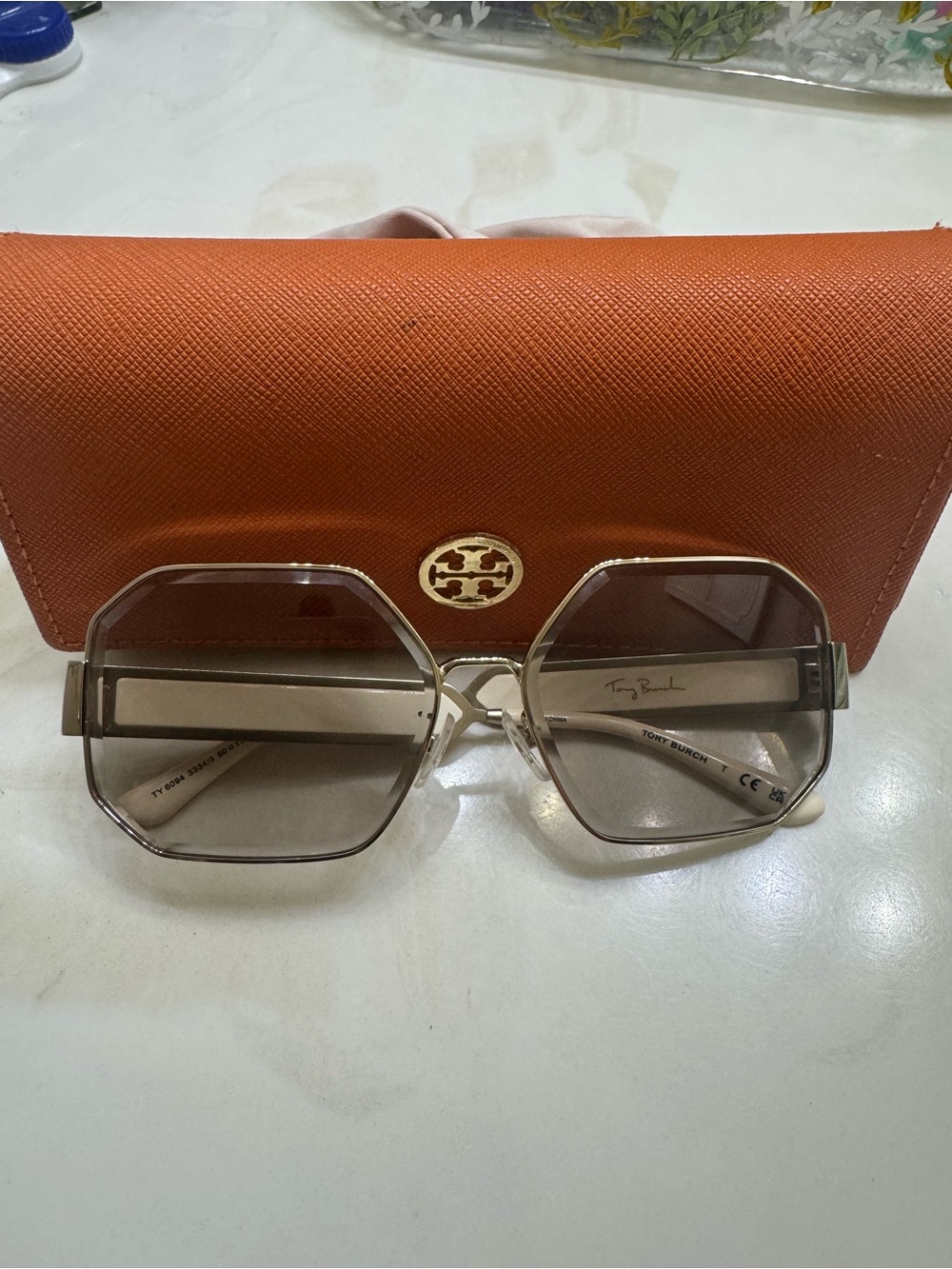 Tory Burch Beige-Tone Hexagon Sunglasses with Orange Case